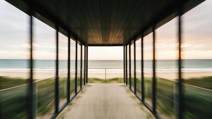 a modern hallway leading to the beautiful sea, framed by large glass windows reflecting the sky and the sand