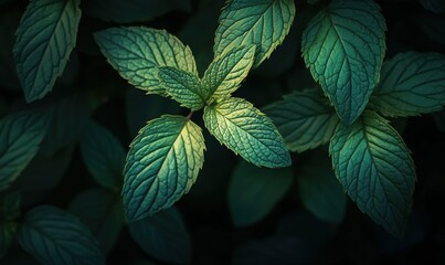 Fresh mint leaves glowing under soft natural light, their vibrant green tones and delicate veins creating a refreshing and organic vibe