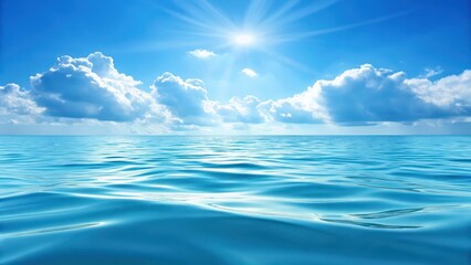 Obraz premium the vast ocean meeting the clear blue sky under the shining sun, with fluffy clouds scattered across the horizon. The water has a ripple surface