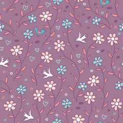Seamless Floral Pattern Birds and Flowers on Purple
