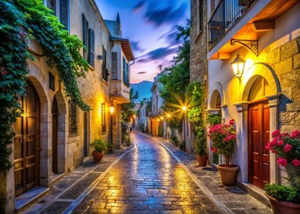 Fototapeta premium Long Exposure Night Photography: Old Town Kos, Greece - Charming Streets and Ancient Architecture
