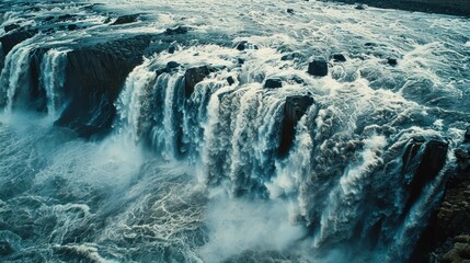 Fototapeta premium Powerful large river waterfall with lots of water flow landscape. AI generated image