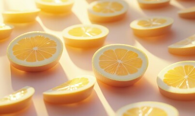 Fototapeta premium Freshly sliced citrus fruits arranged artistically on a pastel background, illuminated by soft natural light for a vibrant and fresh aesthetic