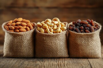 Sacks of almonds cashews raisins on rustic wooden background burlap bags nuts dried fruits healthy snack natural texture