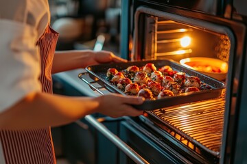 Person preparing meatballs by putting tray into a hot oven for cooking, wearing an apron and cooking dinner at home, healthy lifestyle for cooking.