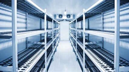 An empty industrial cold storage room with metal shelving and cooling units. The bright, sterile environment is designed for preserving perishable goods at controlled temperatures.