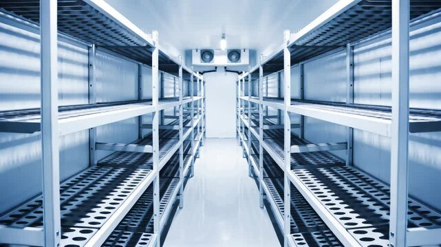 An empty industrial cold storage room with metal shelving and cooling units. The bright, sterile environment is designed for preserving perishable goods at controlled temperatures.