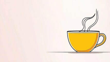 Decaf coffee. Yellow cup with steam on a light background.