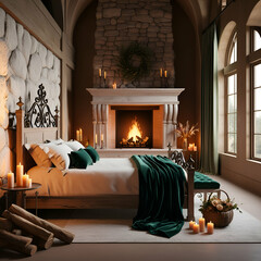 A digitally rendered, romantic bedroom boasts a stone fireplace with a crackling fire, rich emerald green velvet bedding, and antique-style furnishings.