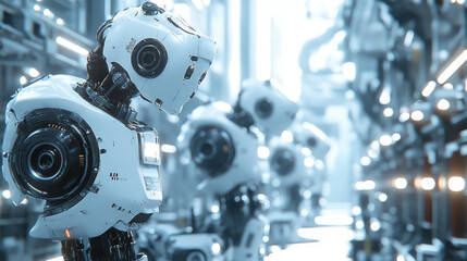 Fototapeta premium A line of white futuristic robots in a bright, futuristic setting.