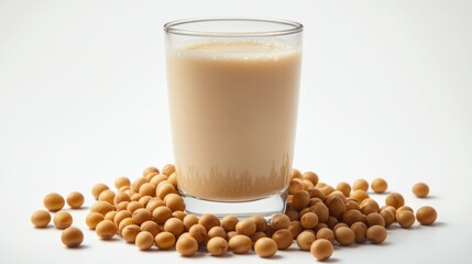 Soy milk in glass surrounded by soybeans on white background (1)