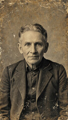 Obraz premium Vintage black and white photo of a man in a suit, with a concentrated expression on his face. Sepia, aging effect, scuffs. The atmosphere of the past, retro style, historical surroundings.