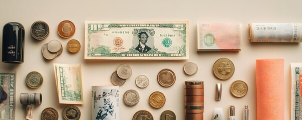 Various denominations of currency are arranged neatly on surface