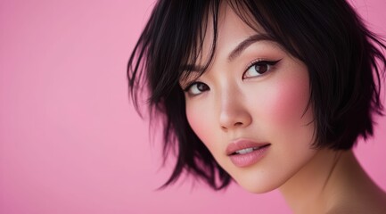 Naklejka premium An Asian woman with short hair and a radiant smile stands gracefully against a pink background. This image embodies natural beauty, skincare, and the calming essence of spa therapy.
