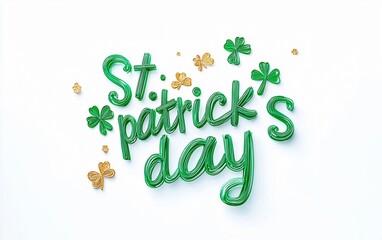 Fototapeta premium Festive St. Patrick's Day typography design featuring whimsical script font with mint green text and golden shamrock confetti. Perfect for invitations, banners, and social media posts.