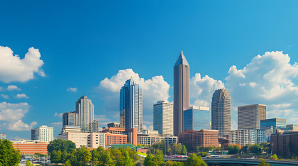 Downtown skyline with prominent skyscrapers and hotels under a clear blue sky