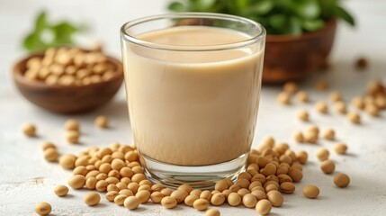 Soy milk in glass with soy beans on white surface