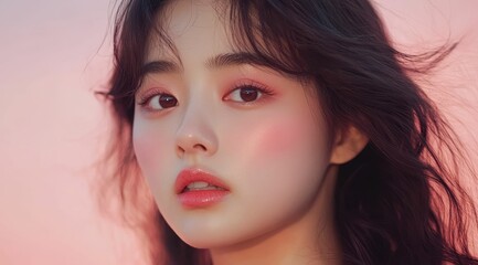 An Asian woman with short hair and a radiant smile stands gracefully against a pink background. This image embodies natural beauty, skincare, and the calming essence of spa therapy.