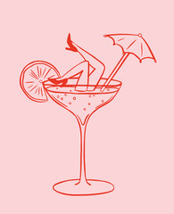 Cocktail girl in Martini glass celebration illustration. Whimsical line art.