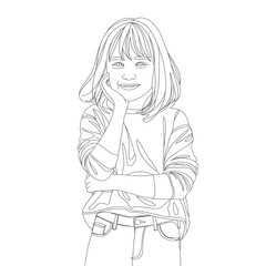 Line art a girl , she touches her face coloring page 