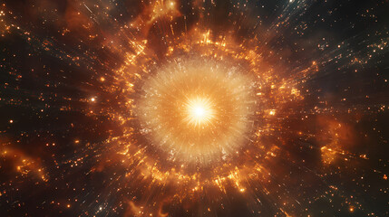 Glowing crystalline cathedral orbits a radiant star surrounded by shimmering light. Luminous Cosmic Cathedral. Illustration