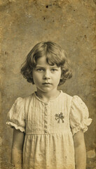 Vintage photo of a child in vintage clothes, with a thoughtful expression on his face. Sepia, aging effect, scuffs. The atmosphere of the past, retro style, historical surroundings.