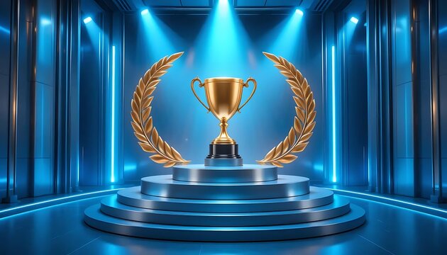Golden Trophy on Pedestal with Laurel Wreaths in a Modern Blue Studio Lighting Environment