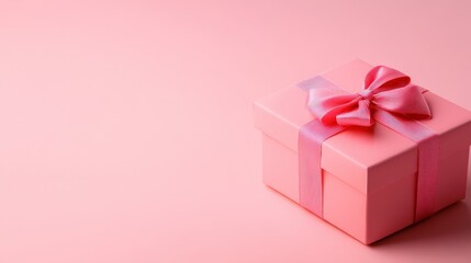 Obraz premium A beautifully wrapped pink gift box adorned with a matching ribbon, set against a soft pink background, Perfect for celebrations, birthdays, or special occasions, adding a touch of elegance,