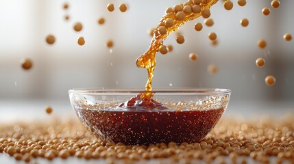 Soy sauce pouring, soybeans falling, kitchen setting, food photography