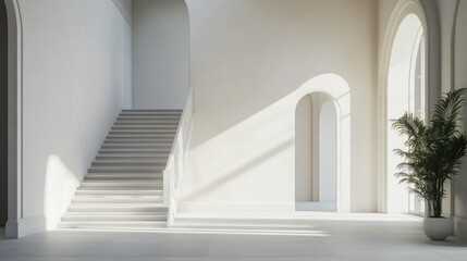 Sunlight-filled, white hall interior