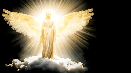 Radiant angel on a cloud, divine light, spiritual figure, religious art, inspirational image