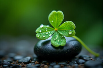 A beautifully detailed macro shot of a lucky four-leaf clover covered in tiny water droplets, resting on a smooth black stone, symbolizing purity, nature, and good luck.