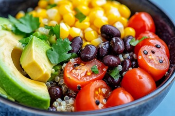 A healthy quinoa and black bean salad with avocado, corn, and cherry tomatoes, served in a ceramic bowl