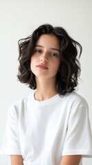 Fototapeta premium A woman with short hair is wearing a white shirt