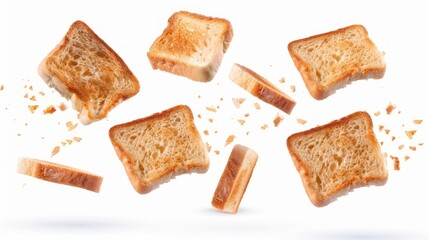 Many delicious flying toasted bread pieces texture white background. AI generated image