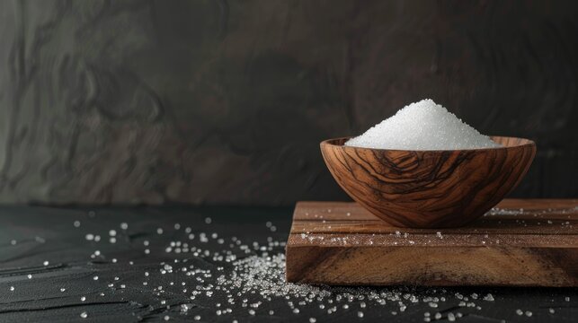 Closeup a traditional wooden bowl with white sugar on dark background. AI generated image