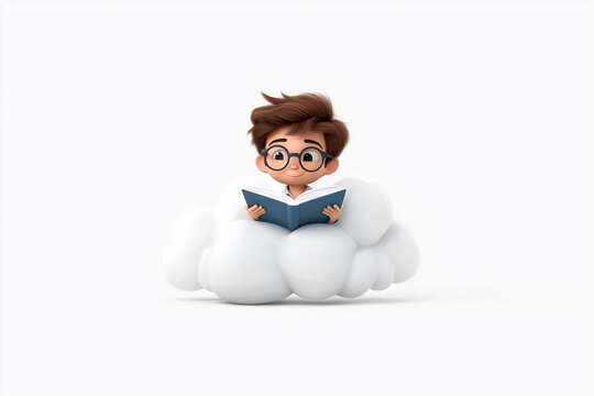 Cartoon boy reading book while sitting on fluffy cloud