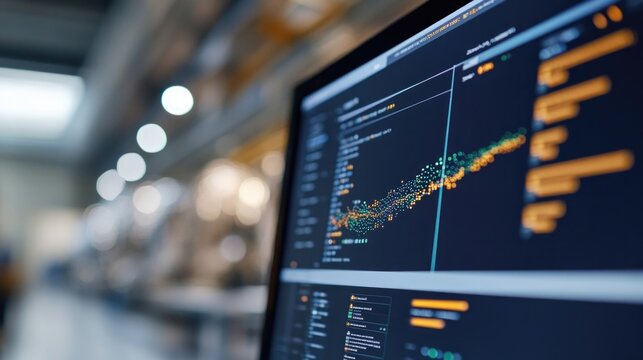 close-up of computer screen displaying lhc data visualizations with blurred equipment in background