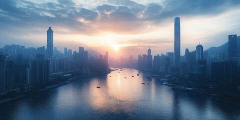 Aerial view of a futuristic city skyline at sunset, modern skyscrapers and waterfront metropolis reflecting golden hues, high-rise business district in evening light