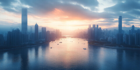 Fototapeta premium Modern city skyline with skyscrapers and riverfront at sunset, futuristic urban landscape with panoramic high-rise buildings reflecting golden light in financial district