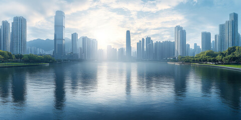 Obraz premium Urban metropolis skyline with skyscrapers and waterfront reflections at sunset, contemporary business district and modern high-rise architecture
