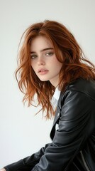 Fototapeta premium A woman with red hair is wearing a black leather jacket
