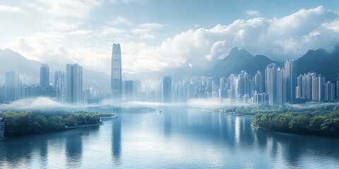 Obraz premium Modern cityscape with skyscrapers, high-rise buildings, green park and riverfront. Waterfront city, urban landscape. Futuristic city, panoramic view