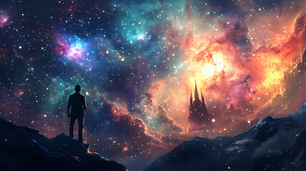 Fototapeta premium Silhouettes gazing at luminous cosmic cathedral in space. Luminous Cosmic Cathedral. Illustration