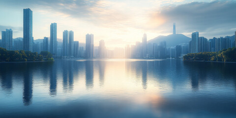 Fototapeta premium Modern City, Panoramic View. Sunset over the City and River