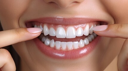 Close up photo beautiful amazing mature she her lady white teeth hands arms cheeks cheekbones show great got younger facial skin result using anti-age procedures nude isolated pastel beige background