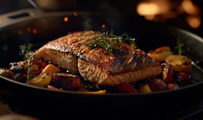 Gourmet grilled salmon fillets served with roasted vegetables and garnished with herbs, vibrant colors and textures illuminated by soft warm lighting, creating a delicious culinary scene,