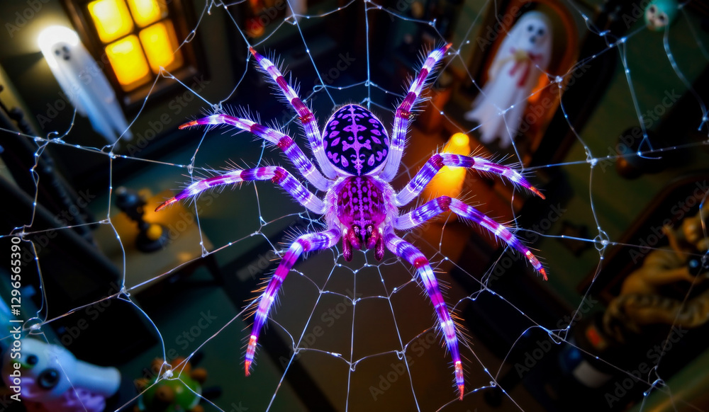 Wall mural a spider that is sitting in the middle of a spider web with a purple spider on it ' s back