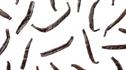 Dried vanilla pods falling on transparent background