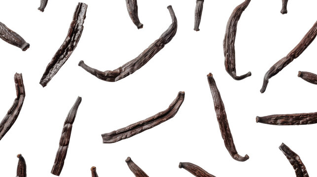 Dried vanilla pods falling on transparent background